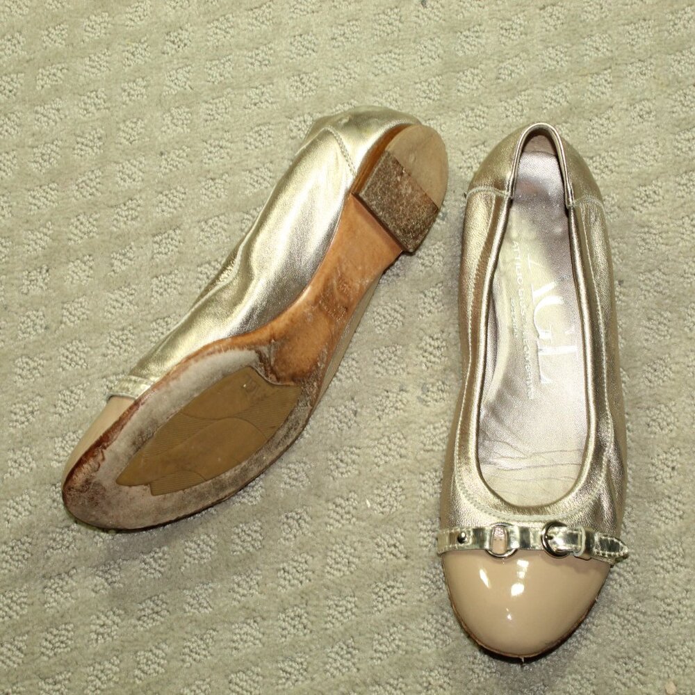 AGL Monika Metallic Cap Toe Slip On Ballet Flats 39 Sz 9.5 Gold Tan Comfort